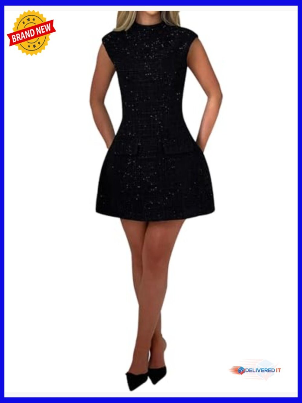 Mock Neck Cap Sleeve Cutout Backless Mini Dress High Waist A-Line Cocktail Party - Picture 5 of 6